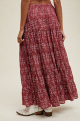 Rust Floral Drawstring Tiered Maxi Skirt