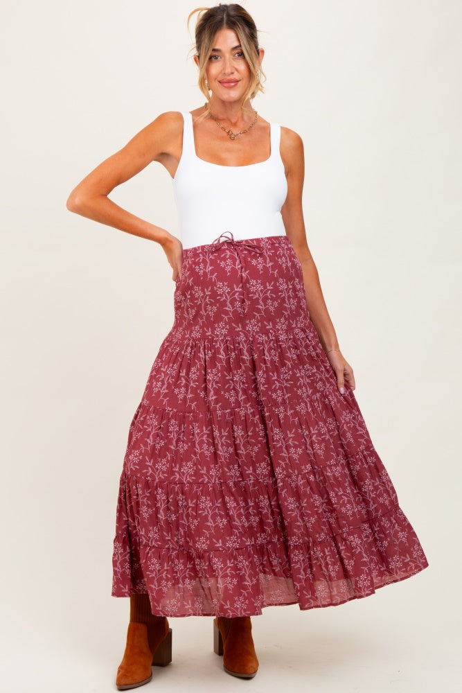 Rust Floral Drawstring Tiered Maternity Maxi Skirt