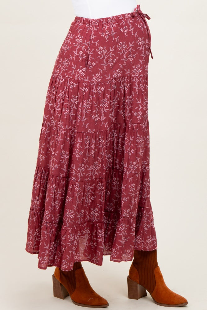 Rust Floral Drawstring Tiered Maternity Maxi Skirt