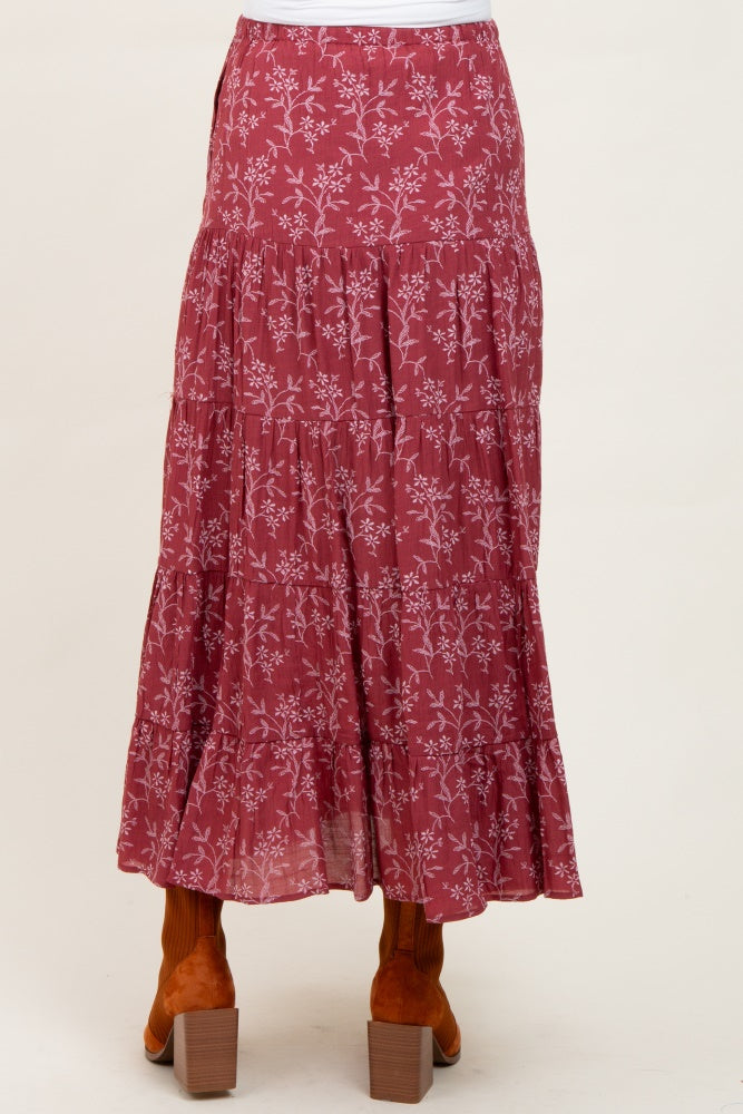 Rust Floral Drawstring Tiered Maternity Maxi Skirt