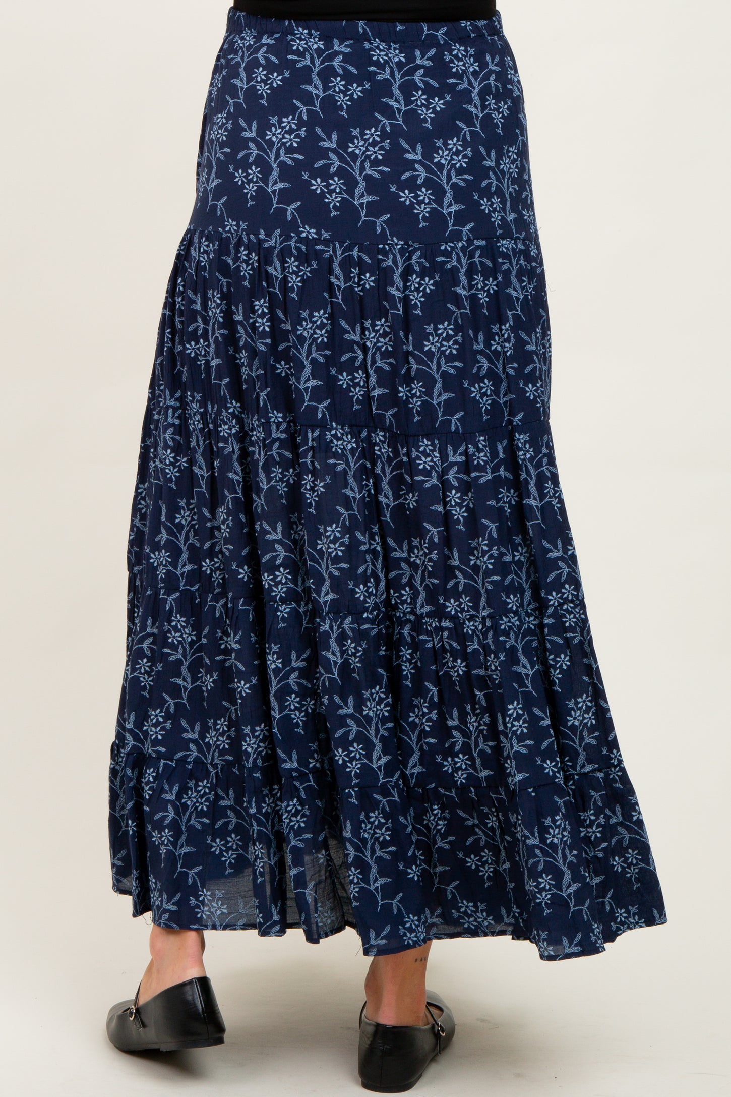 Navy Floral Drawstring Tiered Maternity Maxi Skirt