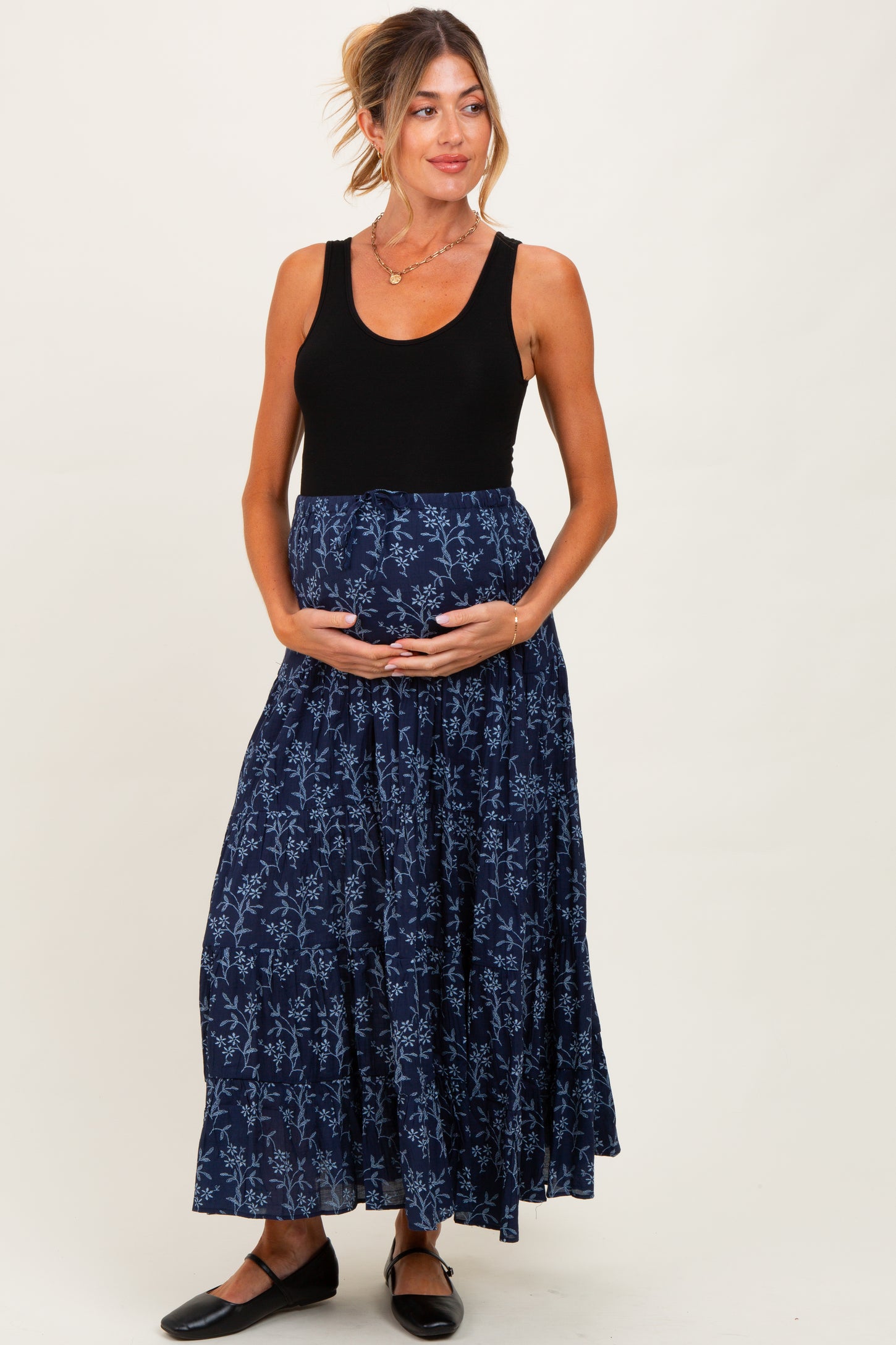 Navy Floral Drawstring Tiered Maternity Maxi Skirt