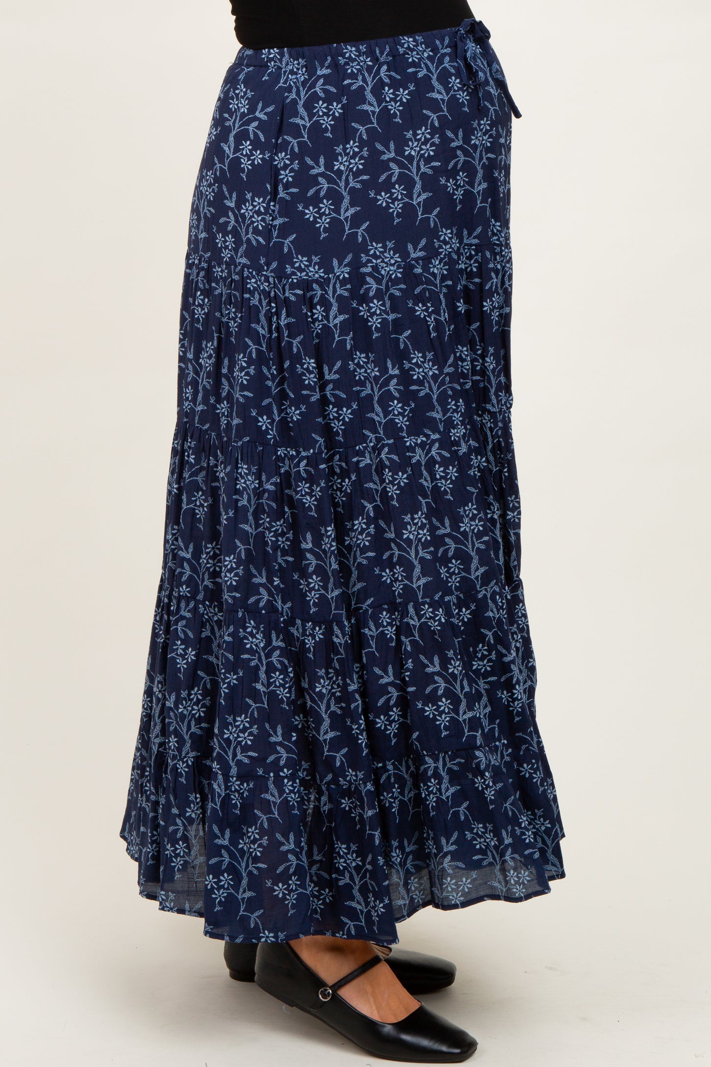 Navy Floral Drawstring Tiered Maternity Maxi Skirt