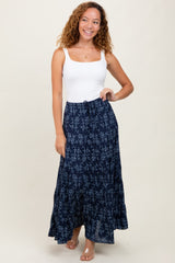 Navy Floral Drawstring Tiered Maxi Skirt