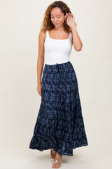 Navy Floral Drawstring Tiered Maxi Skirt