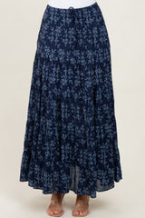 Navy Floral Drawstring Tiered Maxi Skirt
