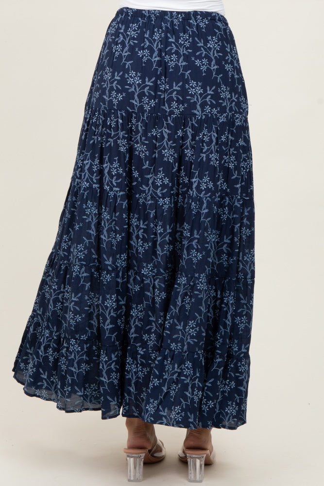 Navy Floral Drawstring Tiered Maxi Skirt