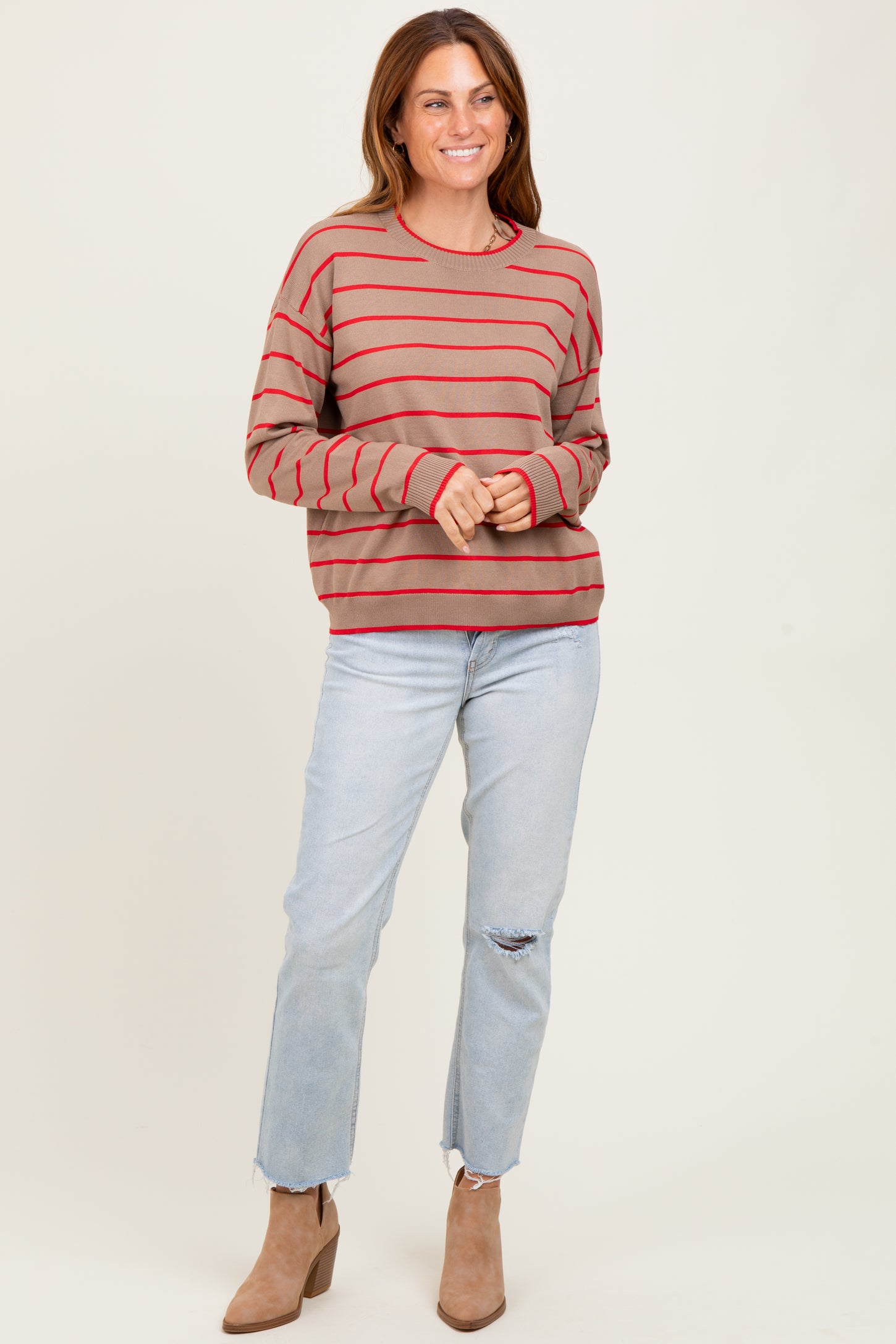 Mocha Striped Drop Shoulder Sweater