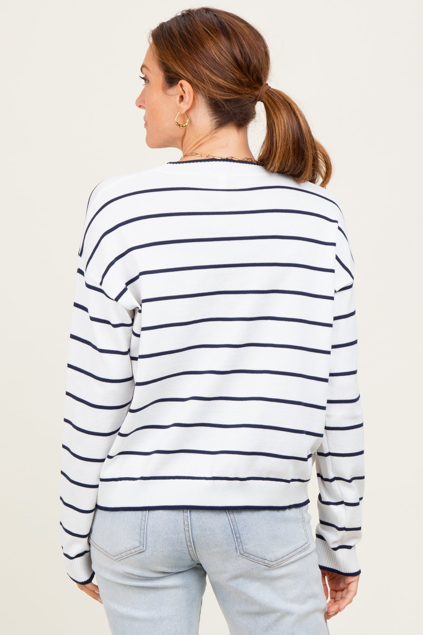 White Striped Drop Shoulder Sweater