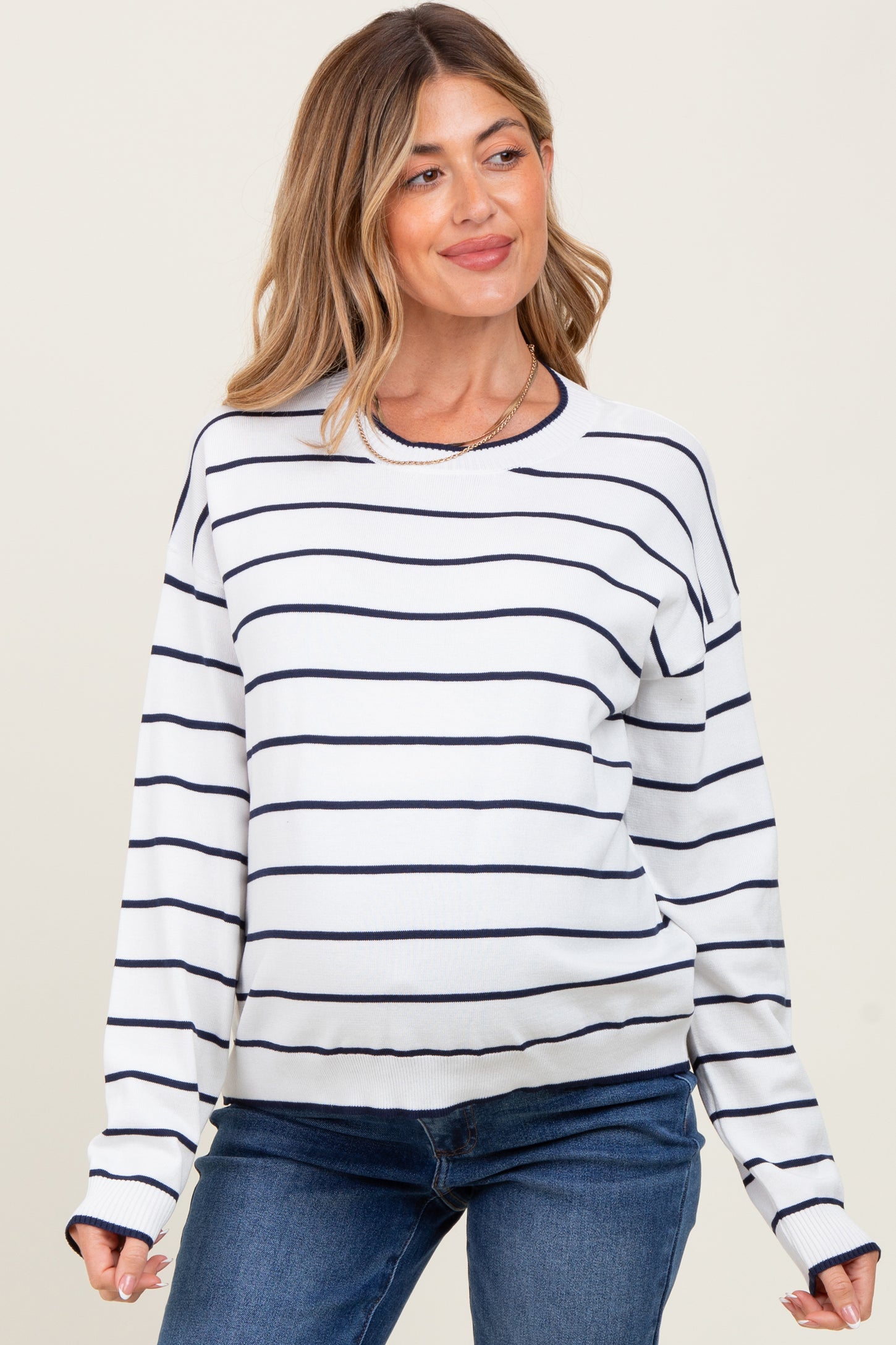 White Striped Drop Shoulder Maternity Sweater
