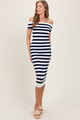 Navy Striped Off Shoulder Midi Sweater Dress