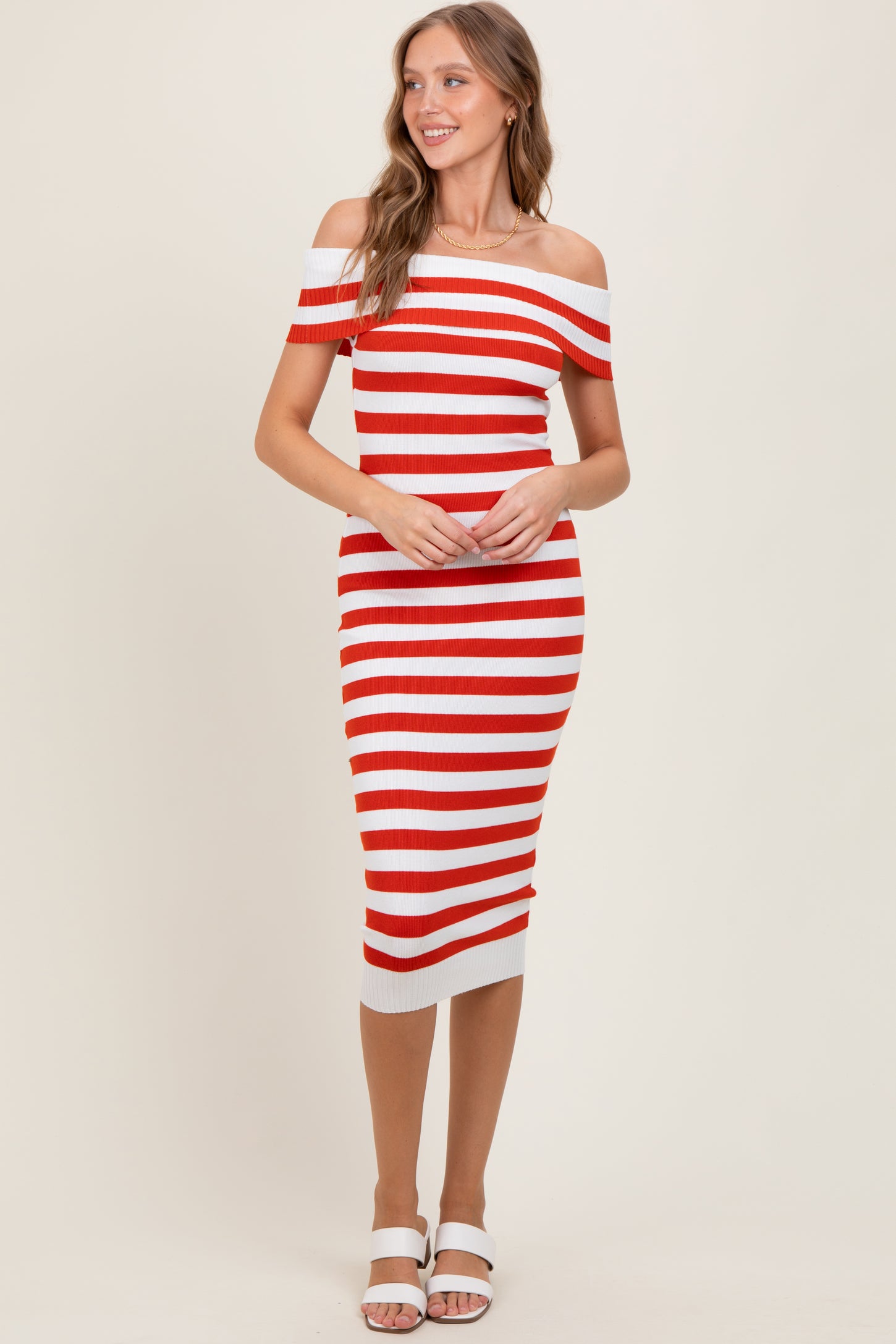 Red Striped Off Shoulder Maternity Midi Sweater Dress