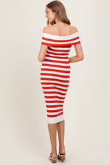 Red Striped Off Shoulder Midi Sweater Dress