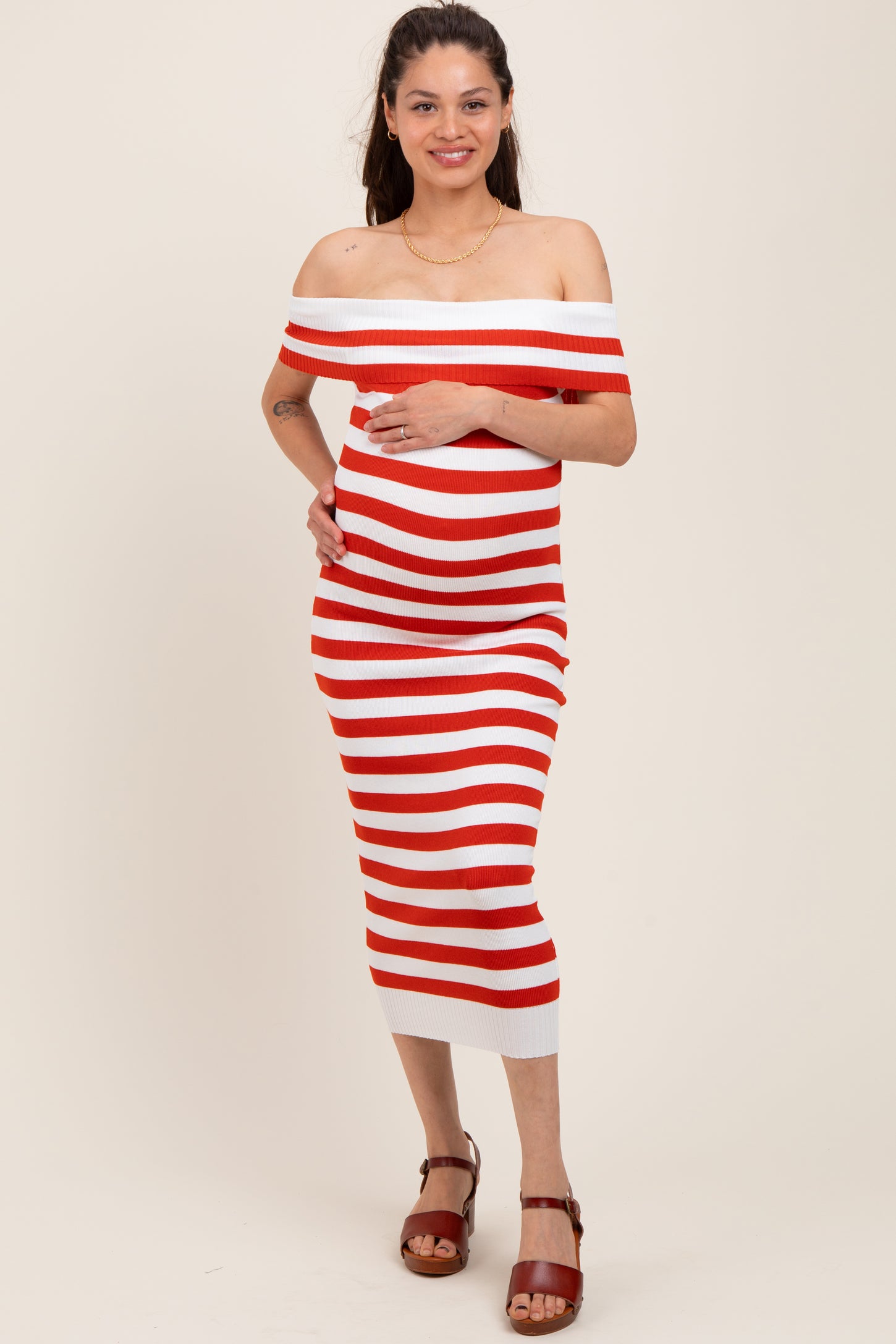 Red Striped Off Shoulder Maternity Midi Sweater Dress