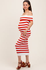 Red Striped Off Shoulder Maternity Midi Sweater Dress