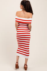 Red Striped Off Shoulder Maternity Midi Sweater Dress