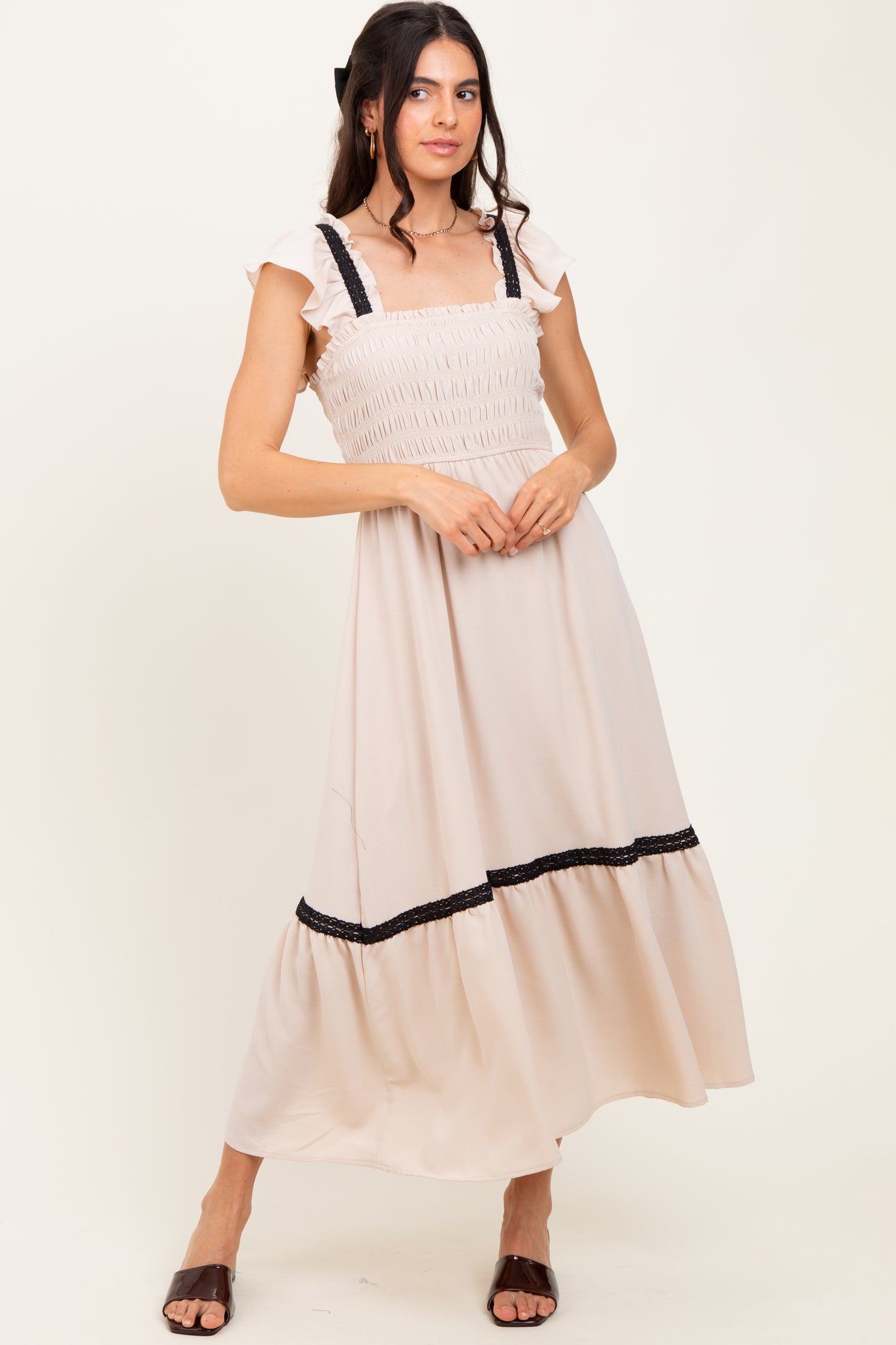 Beige Smocked Lace Detail Maternity Midi Dress