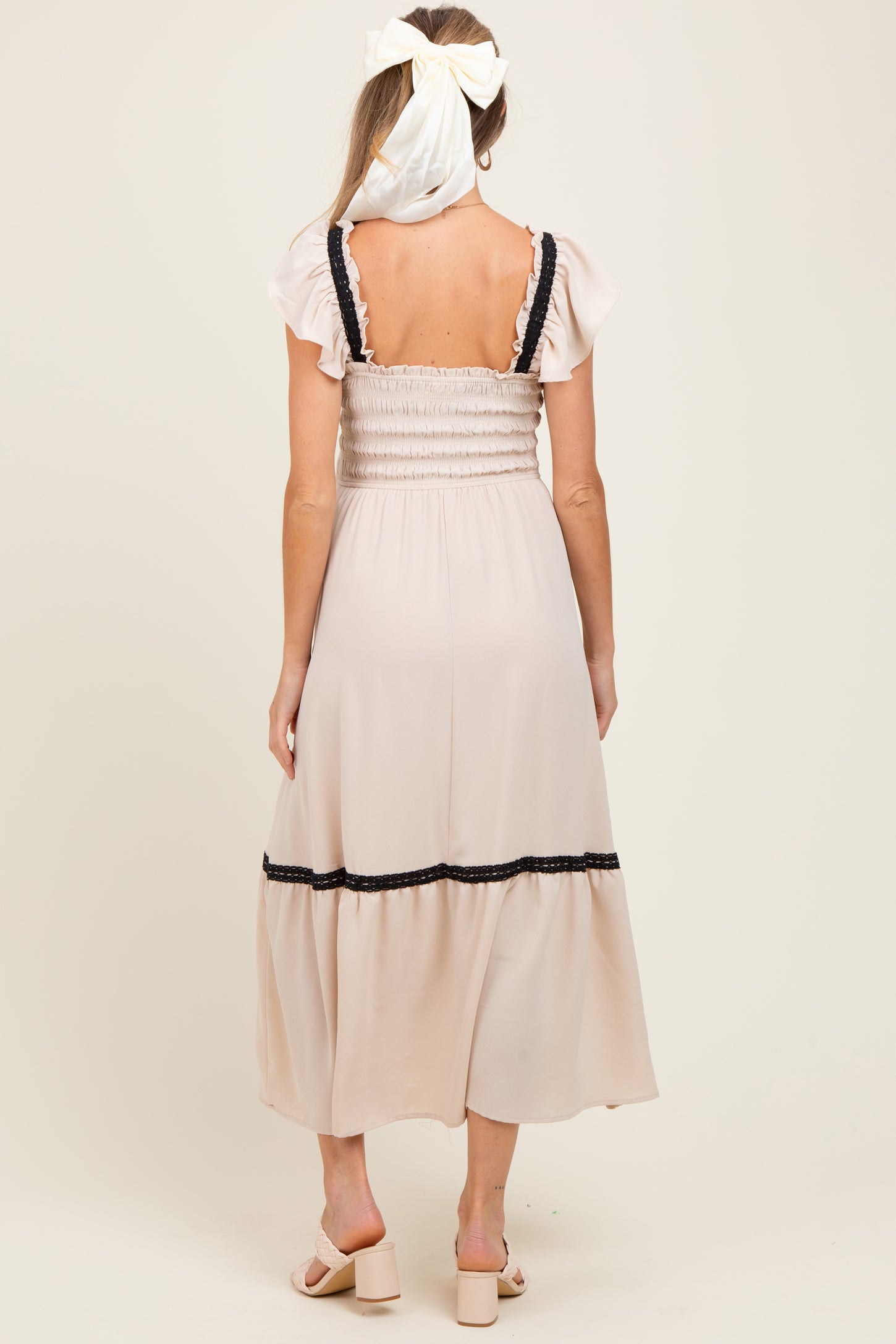 Beige Smocked Lace Detail Maternity Midi Dress