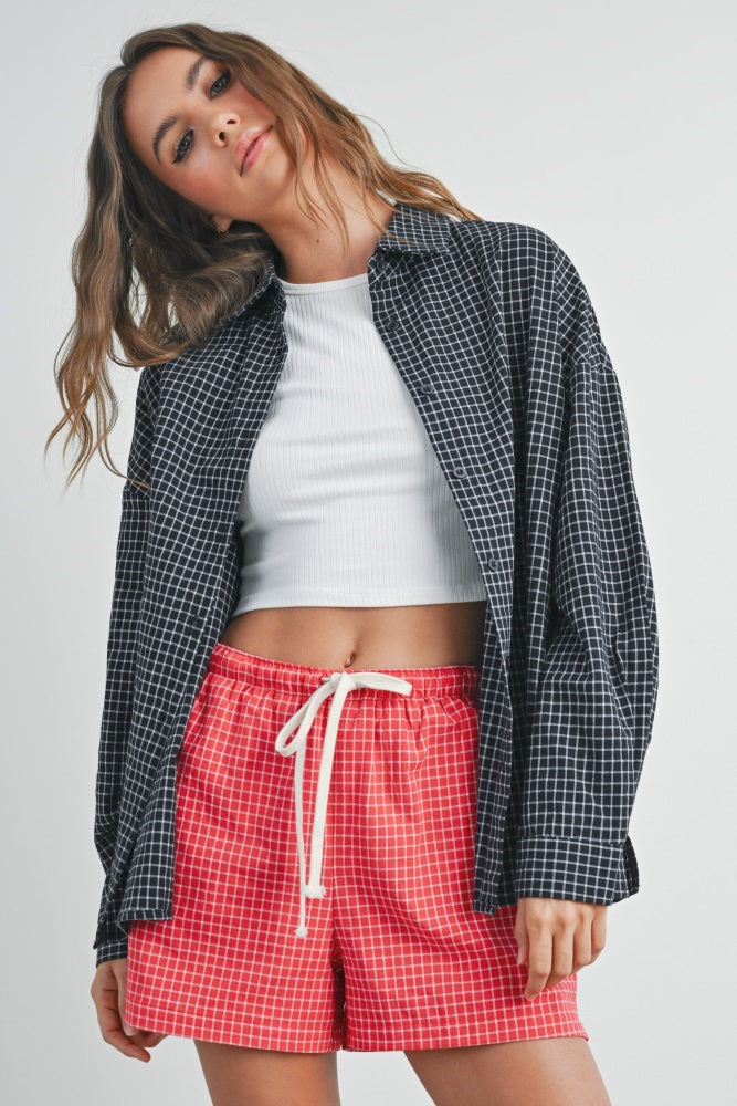 Black Oversized Grid Plaid Button Down Shirt