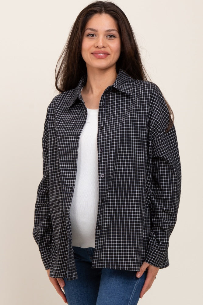 Black Oversized Grid Plaid Maternity Button Down Shirt