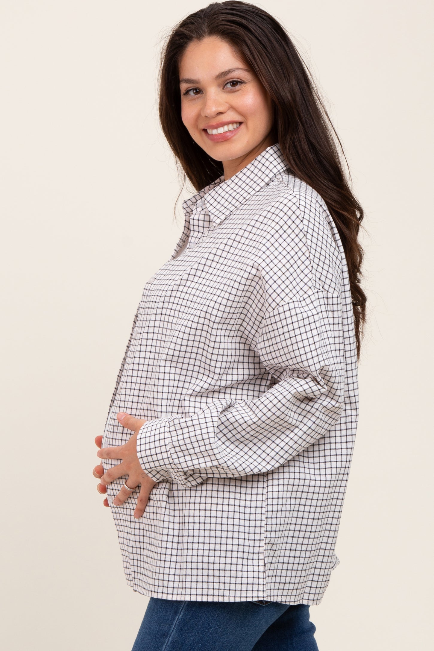 Ivory Checker Plaid Button Down Maternity Shirt
