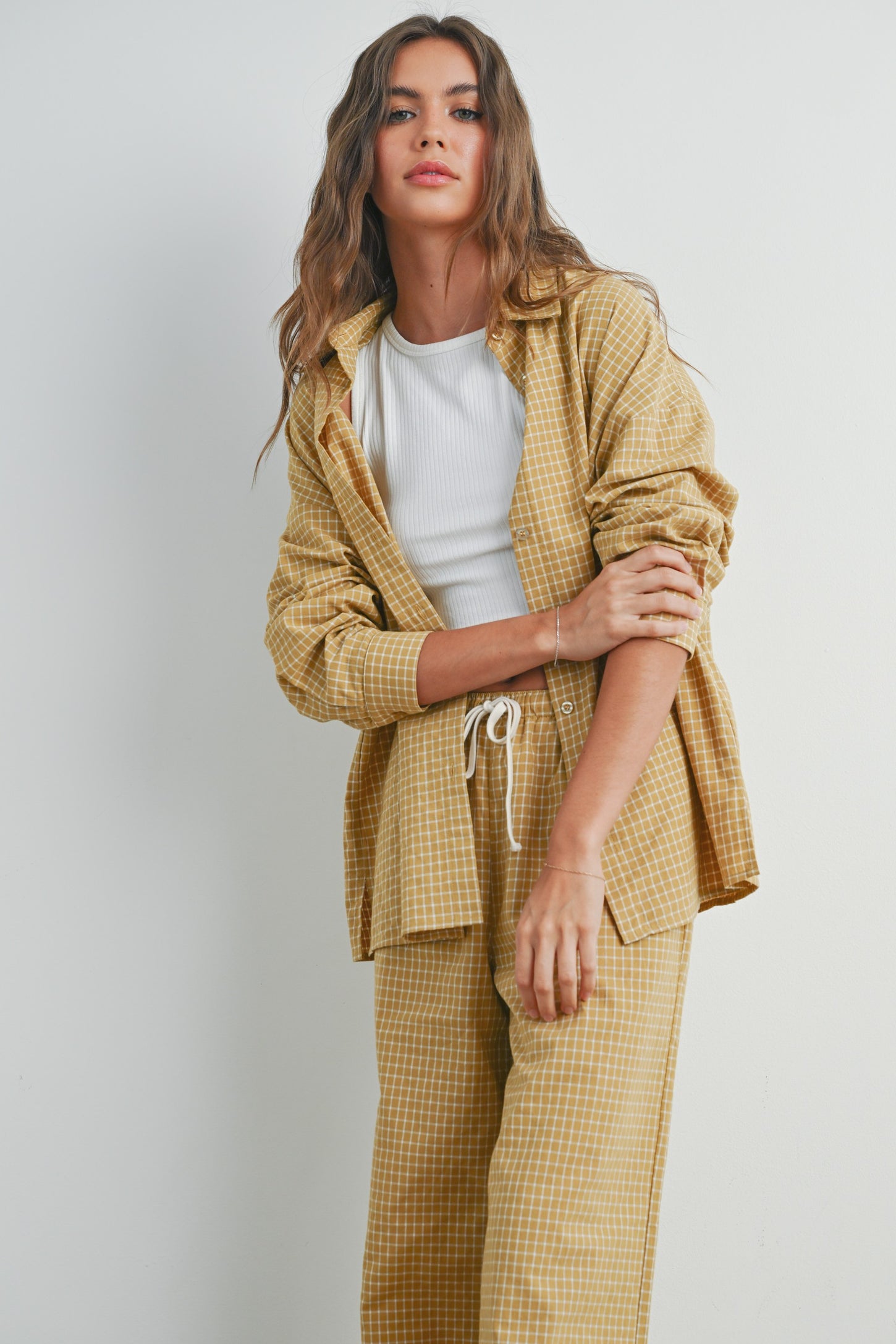 Yellow Checker Plaid Button Down Maternity Shirt
