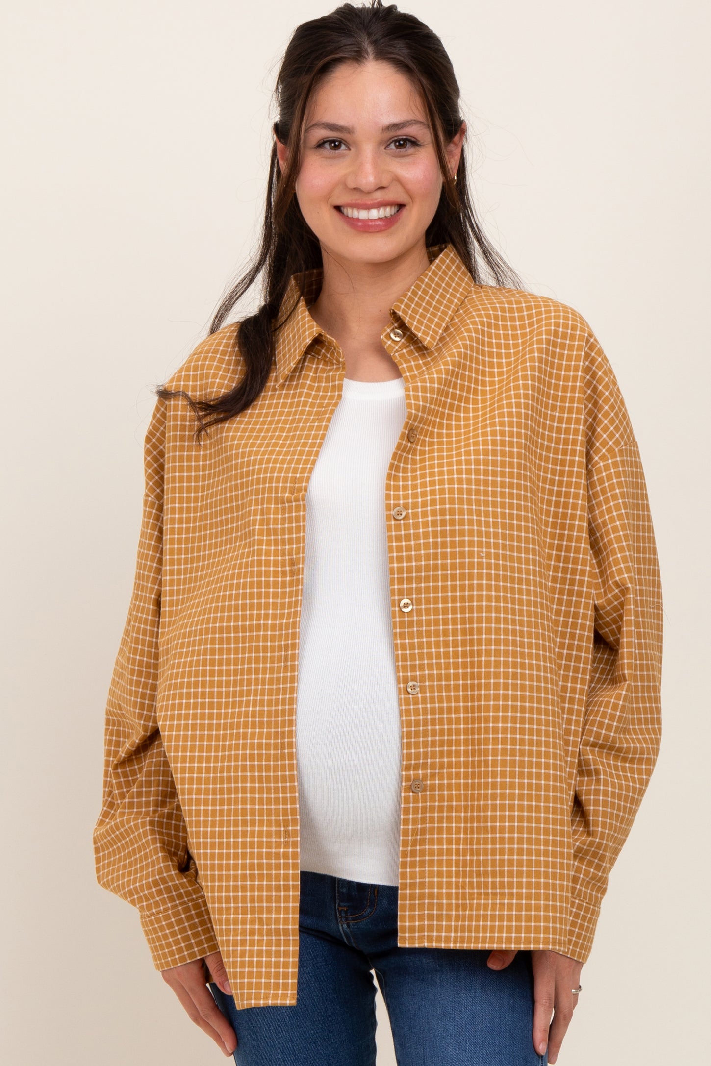 Yellow Checker Plaid Button Down Maternity Shirt