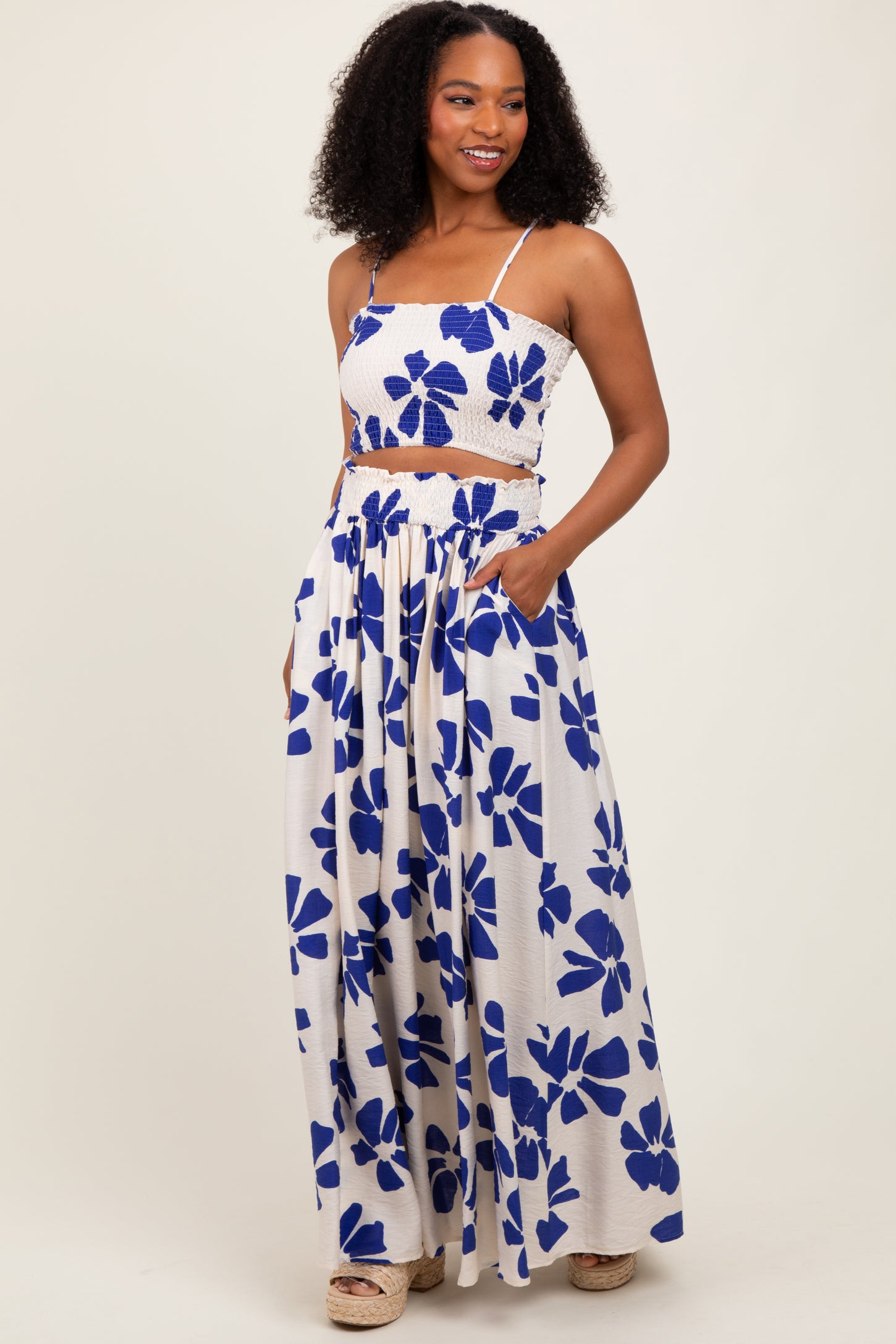 Royal Blue Floral Smocked Top With Maxi Skirt Set