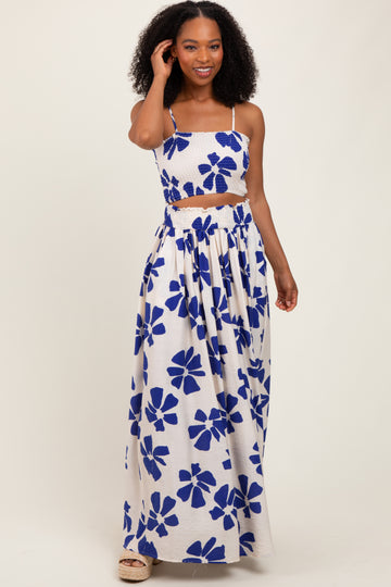 Royal Blue Floral Smocked Top With Maxi Skirt Set