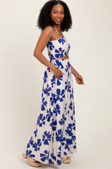 Royal Blue Floral Smocked Top With Maxi Skirt Set
