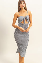 Black Gingham Smocked Cutout Midi Dress