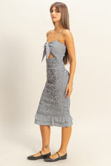 Black Gingham Smocked Cutout Midi Dress