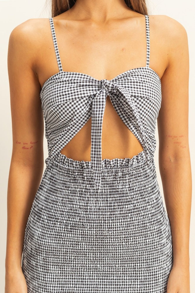 Black Gingham Smocked Cutout Midi Dress