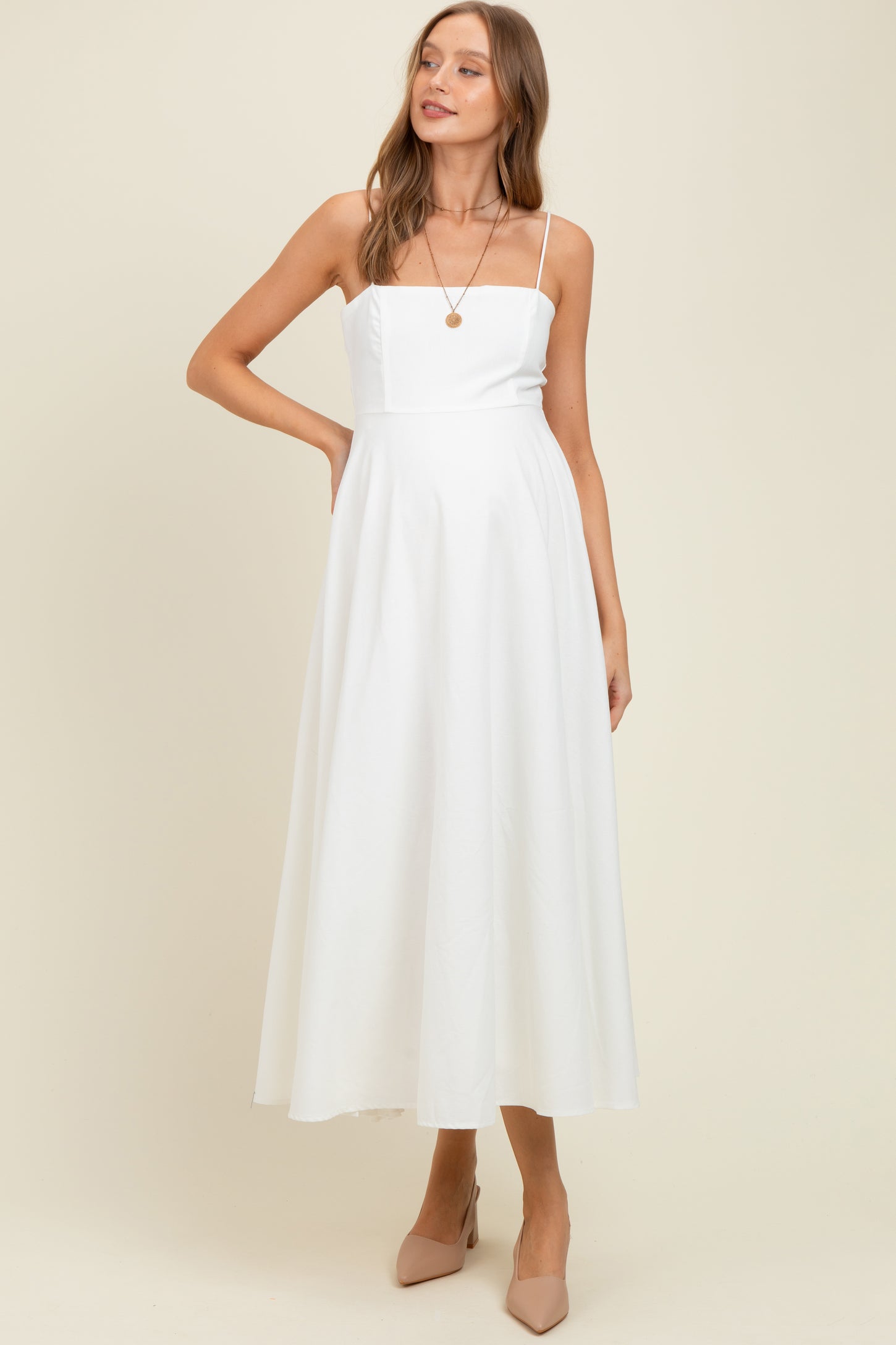 White Linen A-Line Flared Maternity Midi Dress White Linen A-Line Flared Maternity Midi Dress