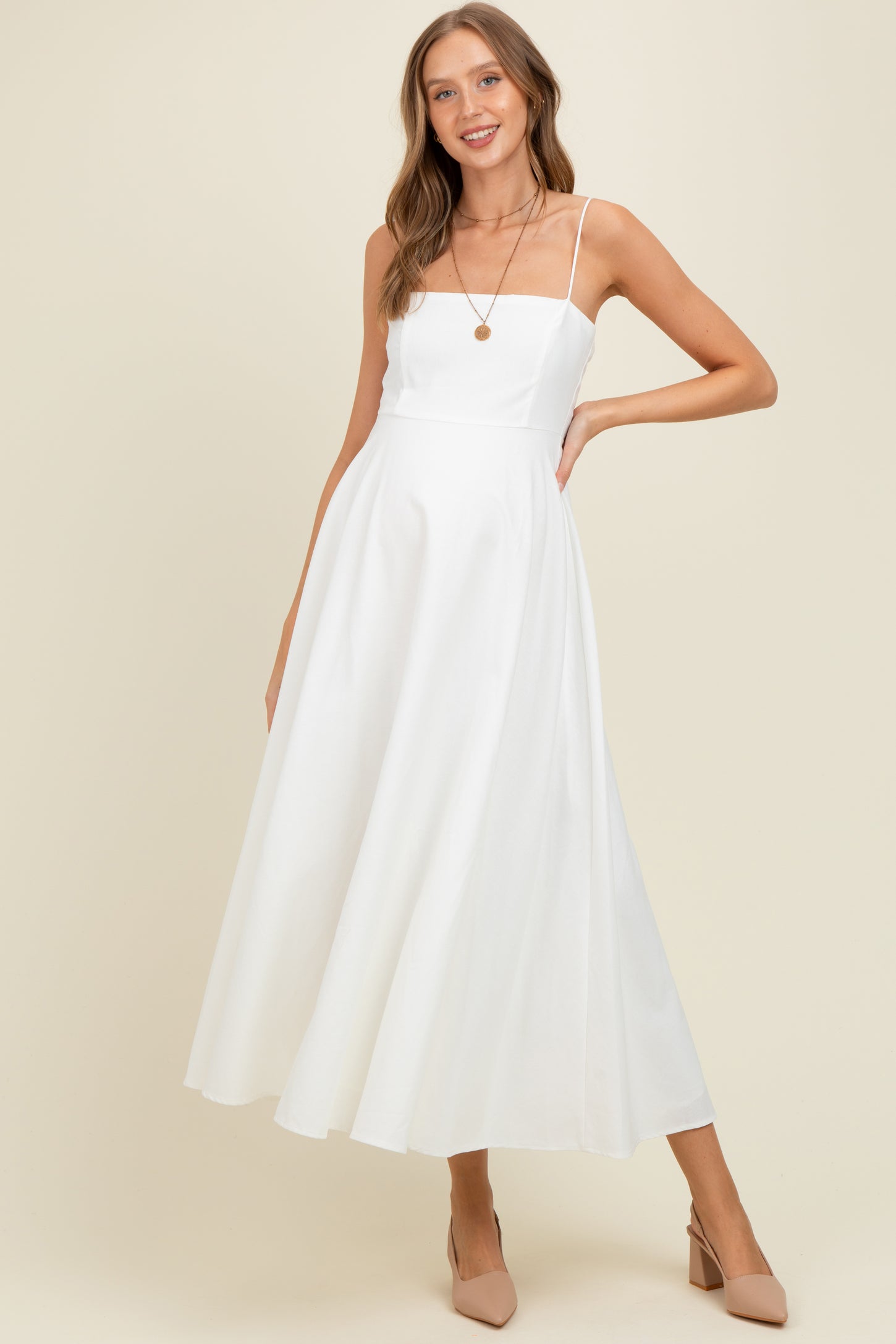 White Linen A-Line Flared Maternity Midi Dress