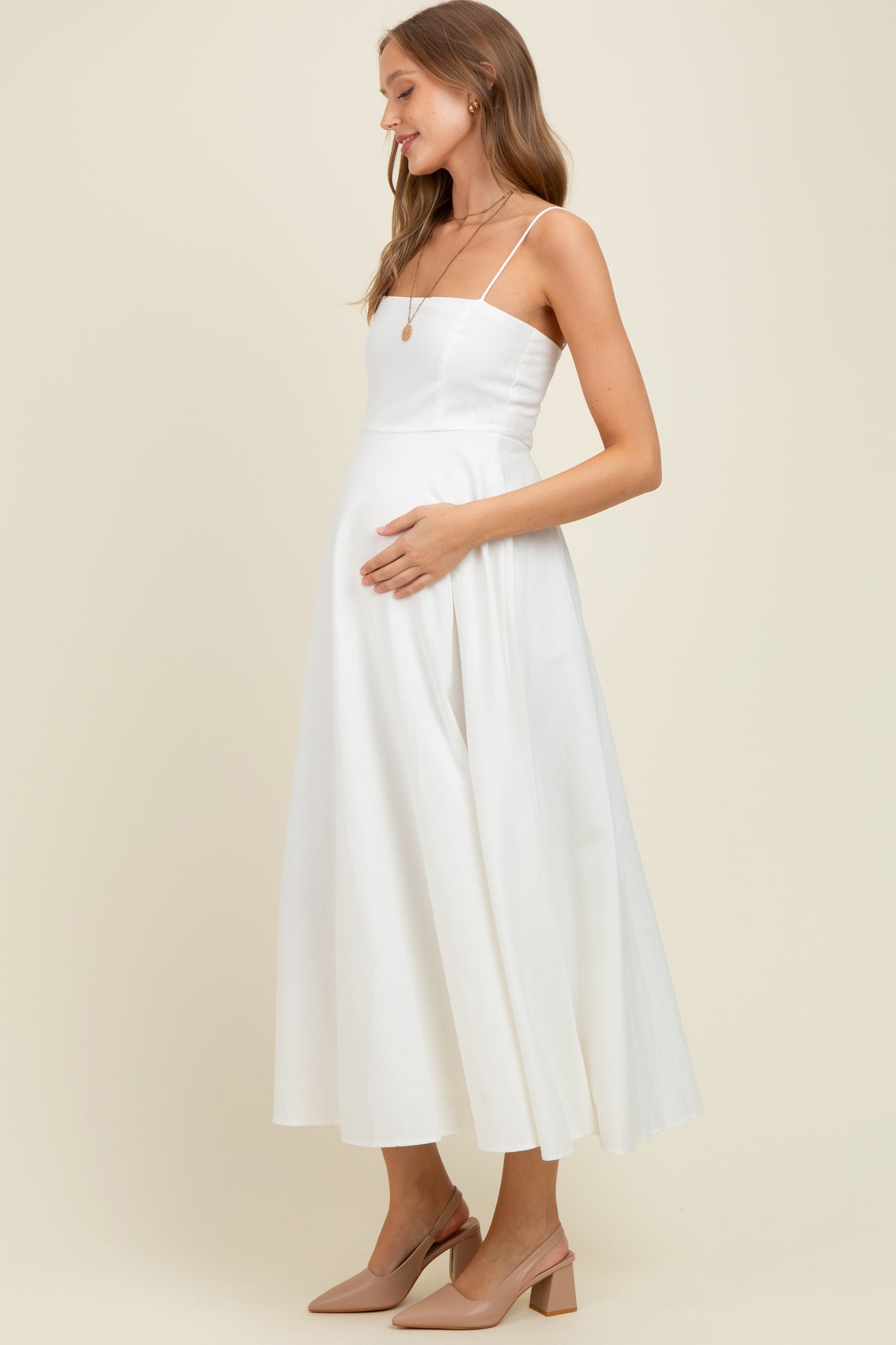 White Linen A-Line Flared Maternity Midi Dress White Linen A-Line Flared Maternity Midi Dress