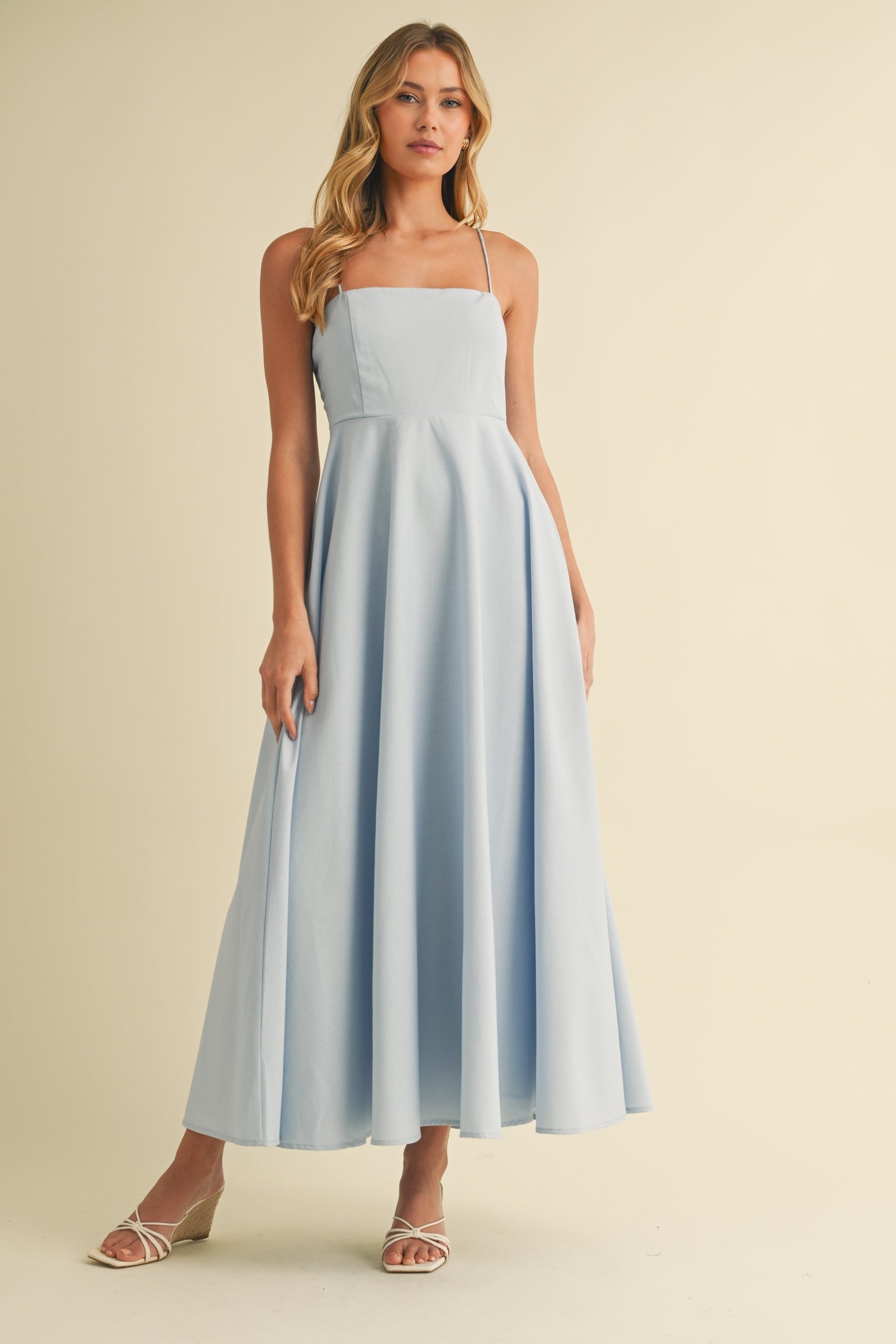 Light Blue Linen A-Line Flared Maternity Midi Dress