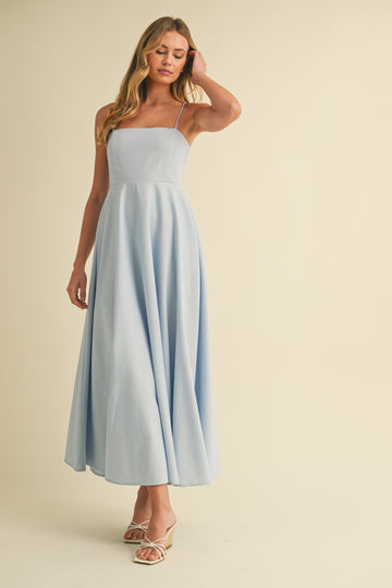 Light Blue Linen A-Line Flared Midi Dress
