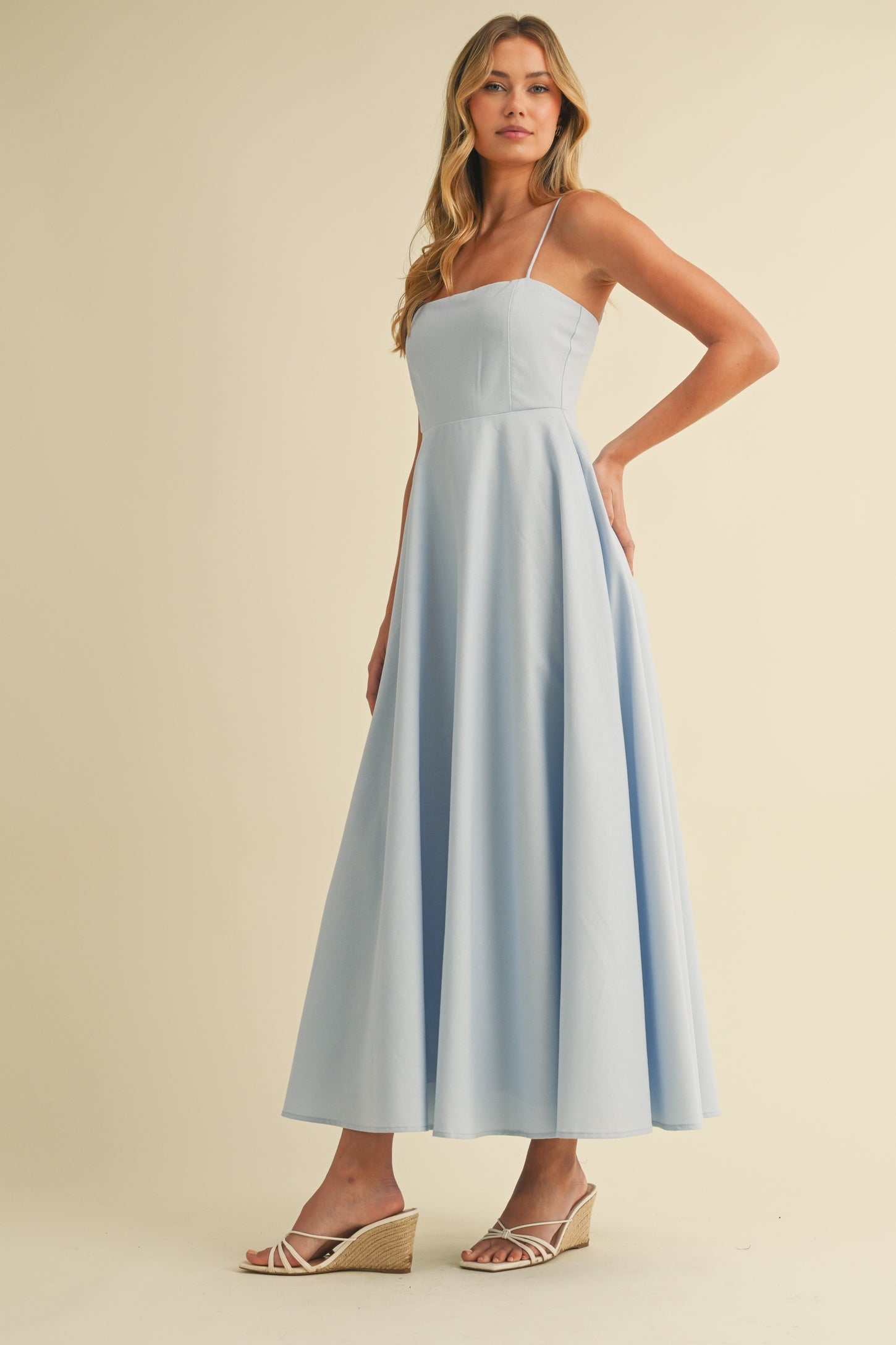Light Blue Linen A-Line Flared Midi Dress