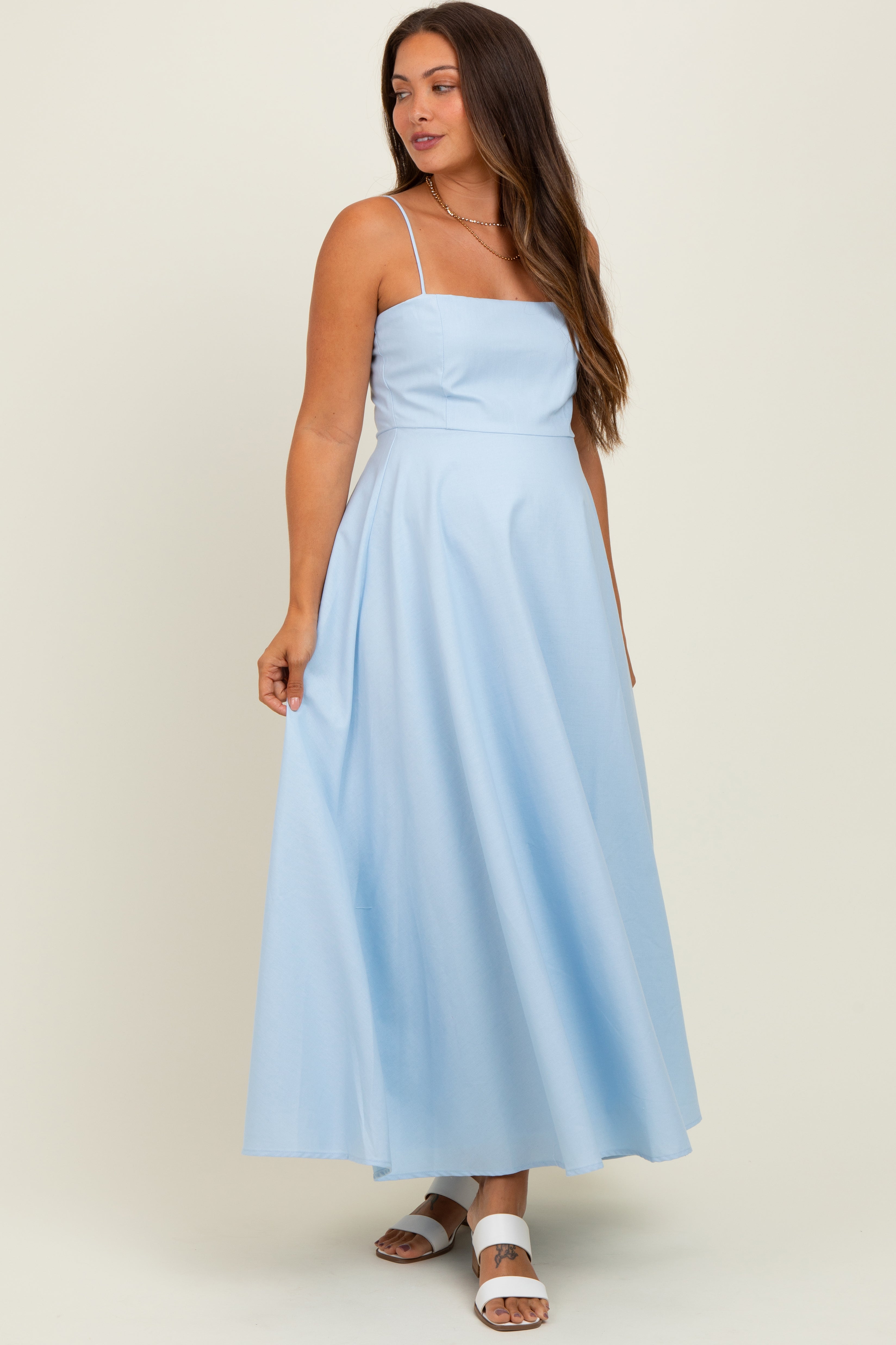 Light Blue Linen A-Line Flared Maternity Midi Dress – PinkBlush