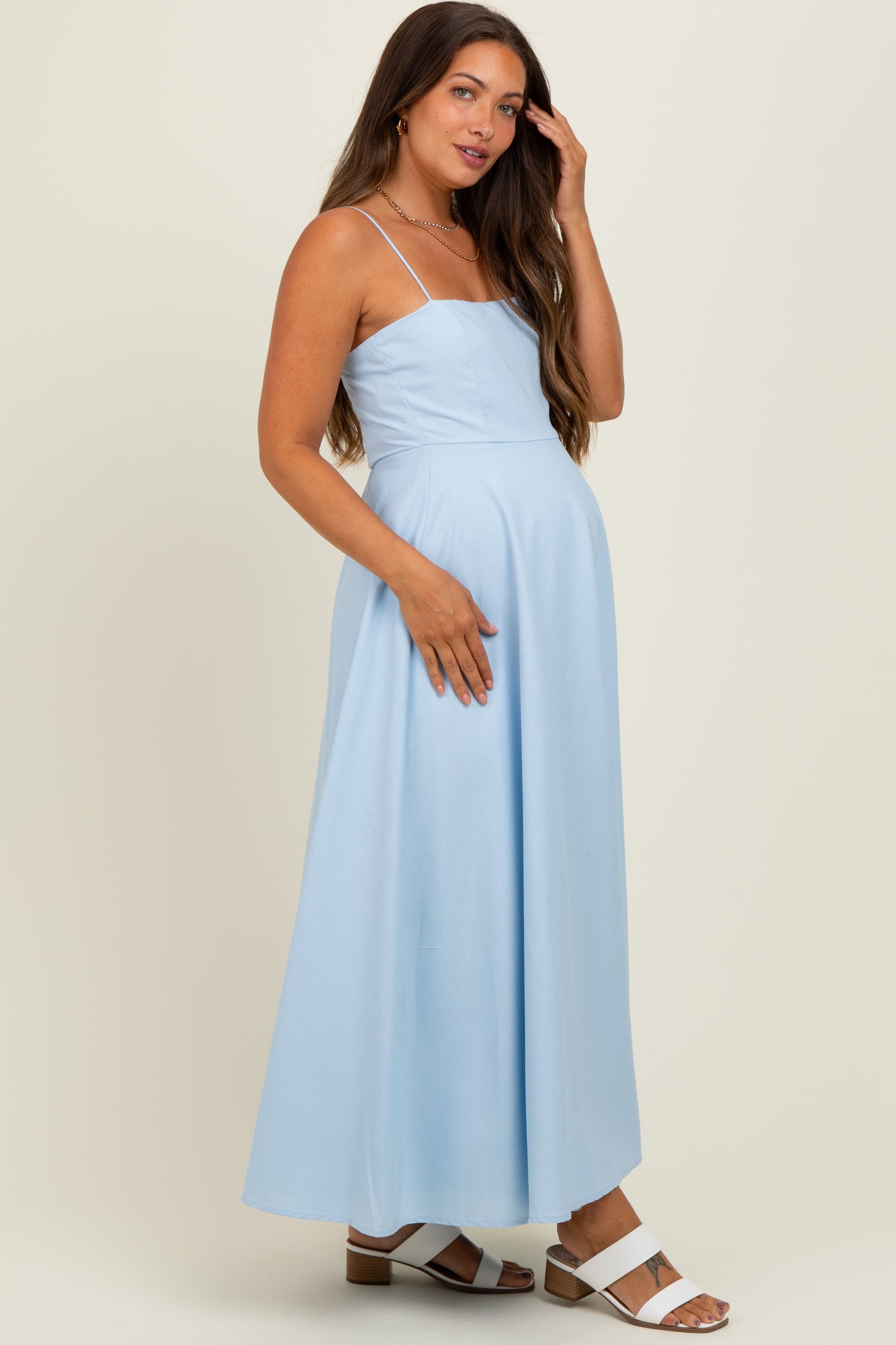 Light Blue Linen A-Line Flared Maternity Midi Dress  PinkBlush
