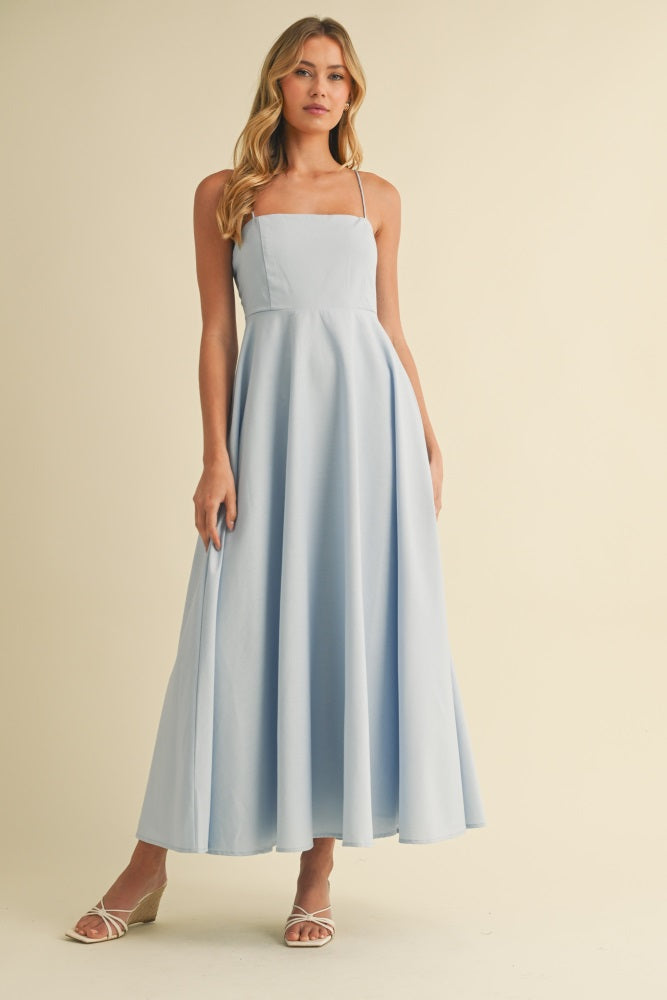 Light Blue Linen A-Line Flared Midi Dress