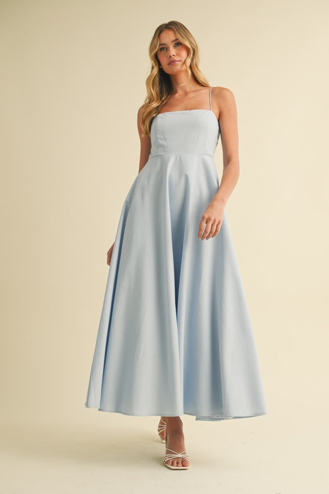 Light Blue Linen A-Line Flared Midi Dress