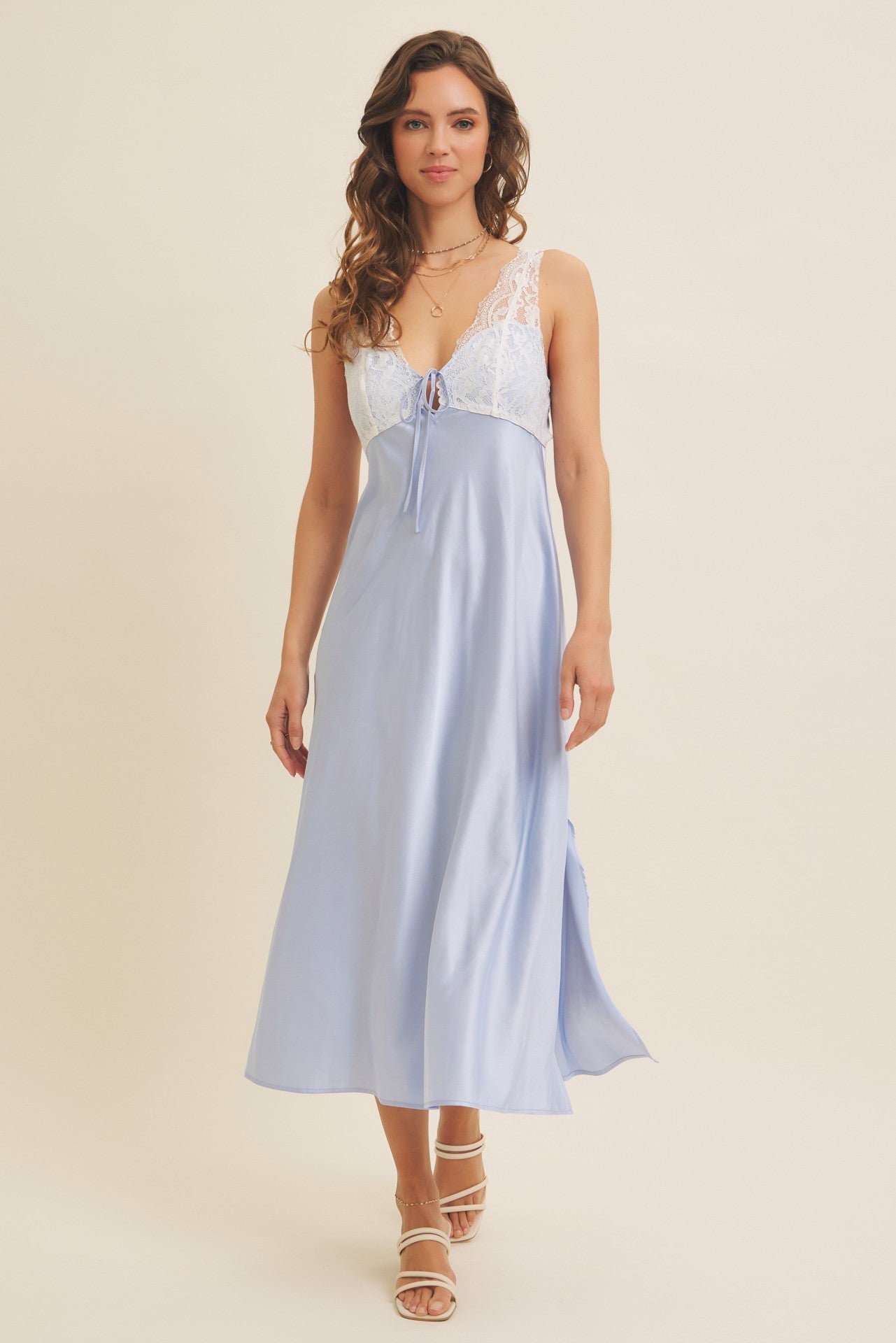 Light Blue Satin Lace Side Slit Slip Dress – PinkBlush