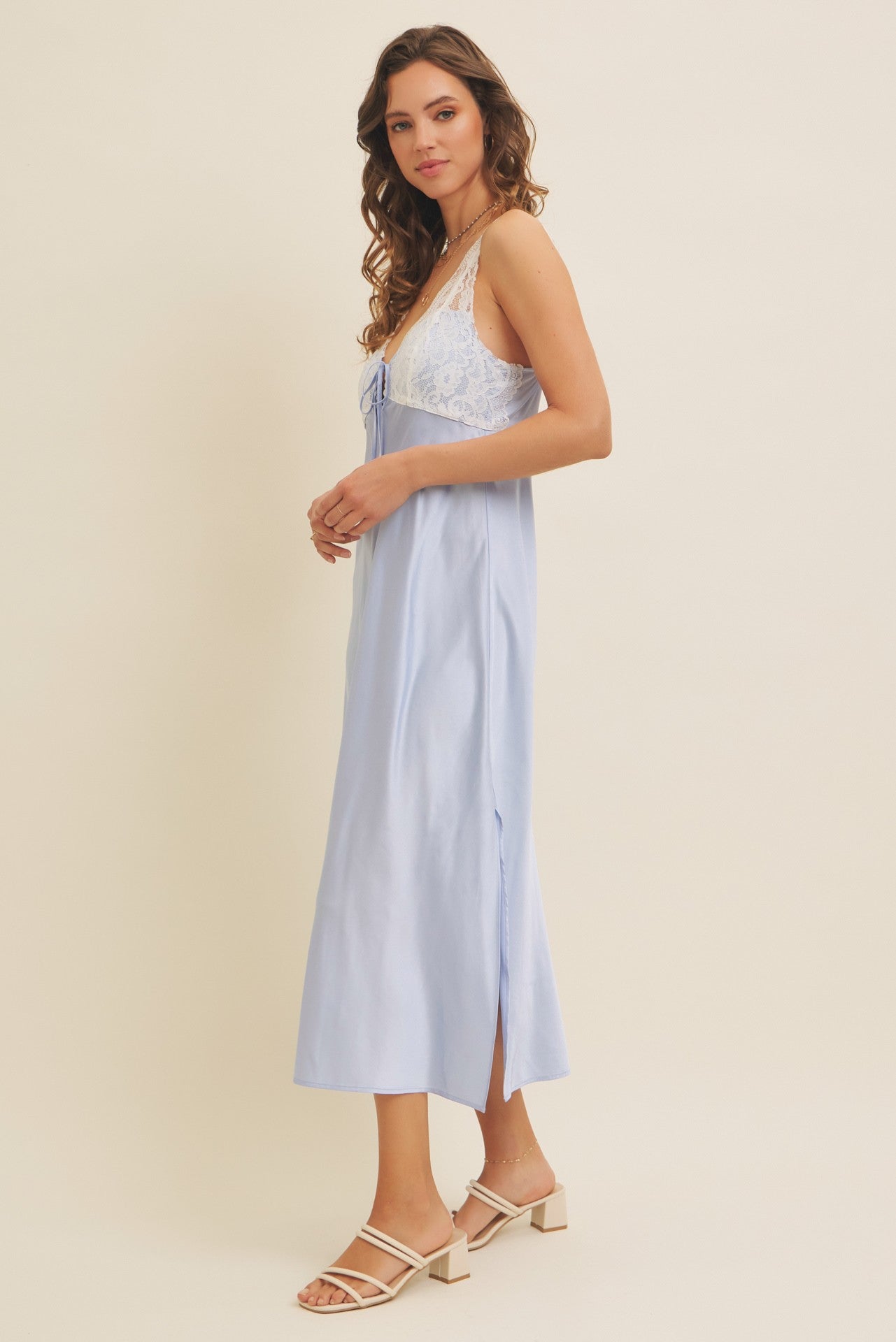 Light Blue Satin Lace Side Slit Slip Dress – PinkBlush
