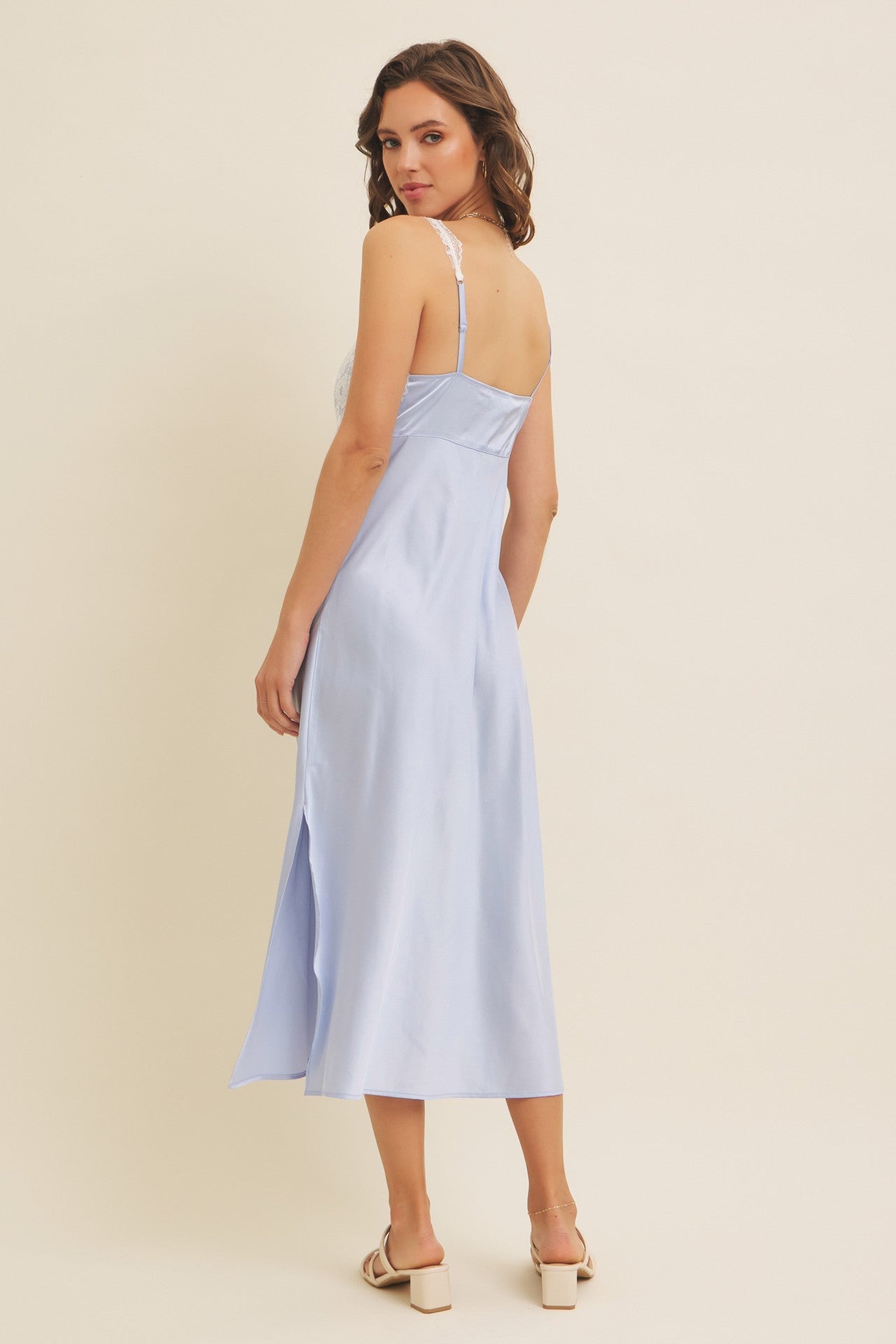 Light Blue Satin Lace Side Slit Slip Dress