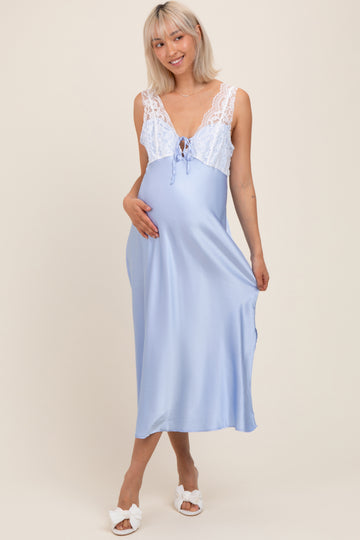 Light Blue Satin Lace Side Slit Maternity Slip Dress