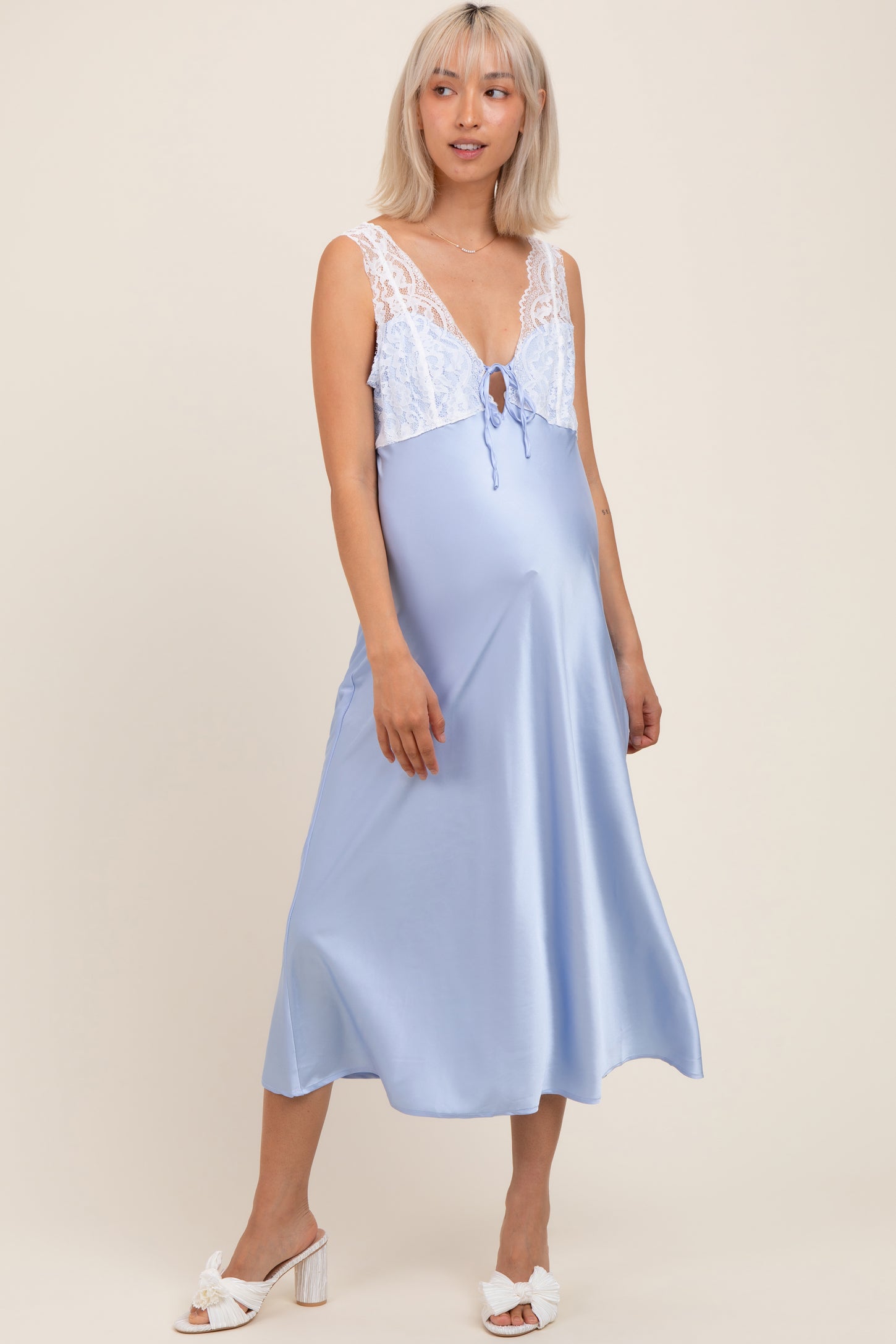 Light Blue Satin Lace Side Slit Maternity Slip Dress PinkBlush Light Blue Satin Lace Side Slit Maternity Slip Dress PinkBlush