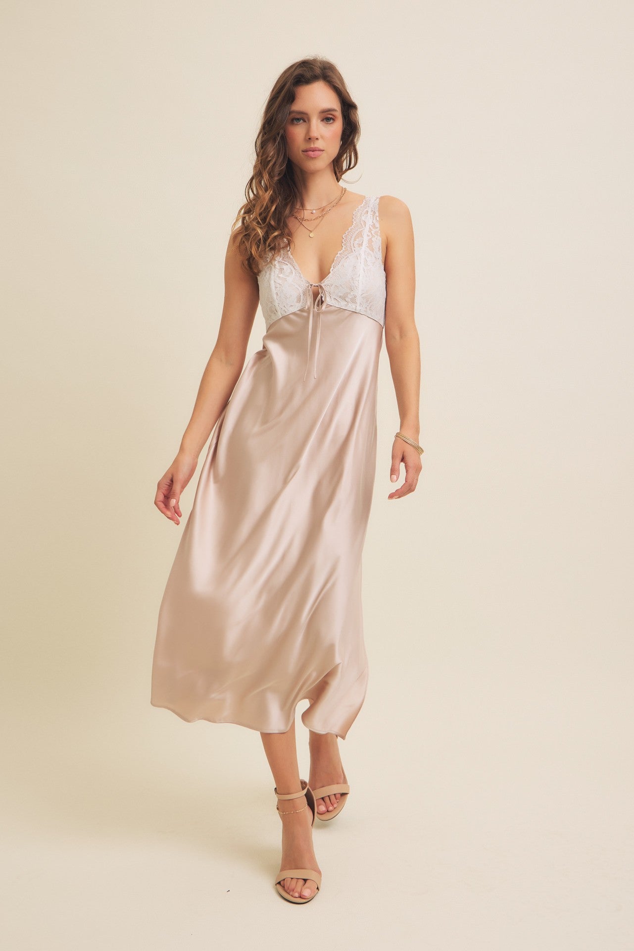 Beige Satin Lace Side Slit Slip Dress PinkBlush Beige Satin Lace Side Slit Slip Dress PinkBlush