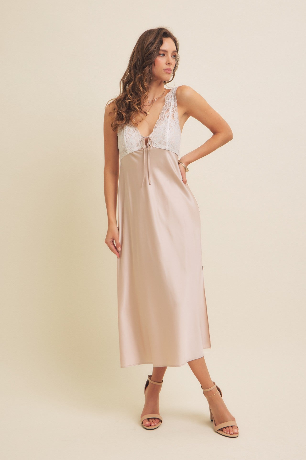 Beige Satin Lace Side Slit Slip Dress – PinkBlush